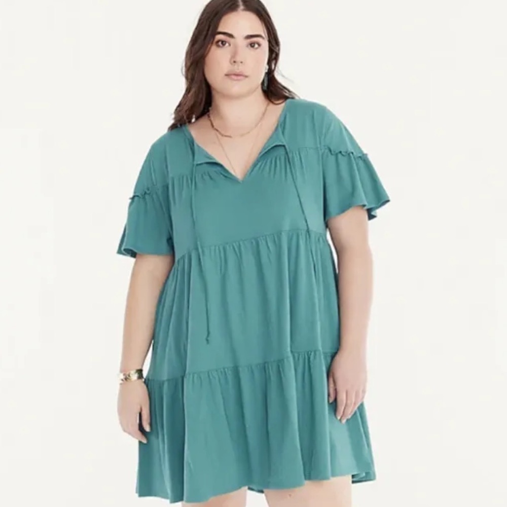 NWT J. Crew Broken-in jersey tiered ruffle mini dress in teal - Picture 2 of 8
